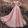 Robes de soirée rose scintillantes paillettes d'or à manches longues de luxe robe de bal fendue sur le côté haut avec train détachable longue fête formelle Go345l