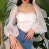 Casual Office Lady White Shirts Elegant Puff Sleeve Off The Shoulder Mesh Blusar Retro Harajuku T-shirts Sexiga Tube Toppar 210518