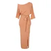 WOMENGAGA Korea Orange Summer Top's Long Maxi Party Dress Temperament Belt Split Short Sleeve Solid Slim Dresses KC8K 210603