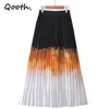 Qooth Gradient Color Pleated Chiffon Skirt Mid-length A-line Elastic Waist Skirt High Waist All Match Striped Causal Skirt QT728 210518