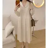 Outono coreano elegante vestido plissado mulheres manga comprida giro colar de moda senhoras sólidas vestidos vestidos femme 210513