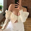 ISAROSE Fashion Bandage Crop Tops Women 2 In 1 Wearing Summer White Cotton Puff Sleeve Hollow Cross Blouses Lady Sexy Shirts 210422
