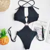 Sexy Hollow out swimsuit mulheres halter push up swimwear feminino patchwork bodysuit monokini bandagem de bandagem 210521