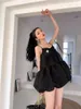 Svart Ruched Ball Gown Summer Dress Pearl Spaghetti Strap Mini Girl Cami Kvinnor Koreansk Fashion 210427