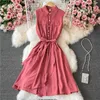Sommar vintage grön / rosa / khaki klänning kvinnor elegant nedbrytning krage ärmlös singel breasted vestidos med sashes kvinnliga 2021 y0603