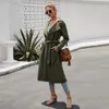 Kvinnors Trench Fashion Army Green Turn Down Collar Long Slim Coat Ol Dam Lång Chic Trench Coats 210524