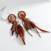 Dingle ljuskrona amorcome bohemian fjäder långa tofs örhängen för kvinnor brun läder geometriska runda hängen hängande smycken Kirs22