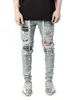 Мода тощие джинсы мужчины разорванные сетки лоскутное растяжение джинсовые карандаш брюки эластичный хип-хоп бега runging карандаш брюки уличные 210622