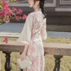 Pamuk Dantel Uzun Kadın Elbise Çiçek Geliştirilmiş Cheongsam Bölünmüş Kılıf Orta Buzağı Parti Zarif Pembe Yaz 210603
