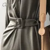 Automne Femmes Satin Party Manches Vintage Soie Ceinture Designer Robe Longue 210415