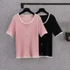 M-4xl Plus Size Women Summer Cienka Kint T-shirt Top Losowe swobodne koraliki z krótkim rękawem O NEC GOMASYMY SWEATER SWEATOR KOBIETA 210604