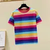 Shintimes T-shirt manica corta in cotone a righe colorate Donna Casual Ladies Summer s Abbigliamento donna ee Femme 210615