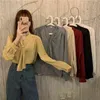 Jesień Korean Bluzka Luźna Wszechstronna Ułożona Solid Color Bow V-Neck Koszula z długim rękawem Miękka szykowa Top Samica GX1498 210507