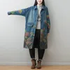 Johnature Autumn Winter Fashion Retro Turn-down Collar Floral Print Denim Coat Långärmade Fickor Kvinnor Windbreaker 210521