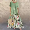 Vintage falska två stycken maxi klänning sommar kort ärm blommig tryck oregelbunden lång klänning boho bomull och linne lös klänning 210619