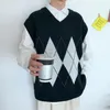 Sweater Vest Men Patchwork V-Neck Mouwess Sweaters Chic Preppy Style Side-Slit Paren Tieners Retro Waistcoat Men's Vesten Phin22