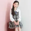 10代のガールドレススーツ秋の白いシフォンブラウス+チェック柄ベストガールズ服セット子供服4-12t E3533 210610