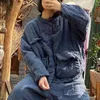 ジョニーチャーの女性の暖かいコットンブルーの灰色のコートOネックパーカー春の中華風の緩いレトロな女性ビンテージポケットパーカー210521