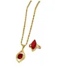Ensemble de boucles d'oreilles et collier en forme de goutte d'eau pour femmes, or jaune rempli de cristal rouge, pendentif en Zircon, ras du cou + anneau d'ouverture