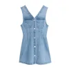 Kanske U Denim V Neck Mini Dress High Street Sexig Blå Ärmlös Knapp Empire Sommar A-Line D1910 210529