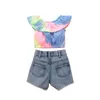 Conjuntos de ropa Baby Children039s Girl039s Sin mangas con volantes Cuello barco Tops cortos coloridos con jeans rasgados para Summer1070245