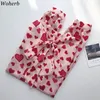 Kadın Üstleri O Boyun Yay Dantel-up Tek Göğüslü Bluzlar Kore Kalp Baskı Uzun Kollu Gömlek Zarif Moda Blusas Mujer 210519