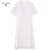Летние женщины сладкое романтическое платье кружево v шея белые цветочные принты vestidos longo с коротким рукавом корейские шикарные хлопковые платья 210520