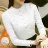 Thickened Plus velvet Lace bottomed shirt Autumn winter High collar Long sleeve Korean Women's Blouse Slim fit top 884i 210420