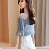 Шифон с коротким рукавом женщин блузки летом дна рубашка корейская сплошная сетка с плечами верхняя мода рубашки 8981 50 210417