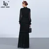 LD Linda della mode piste maxi robes de maxi manches longues dentelle patchwork travestage vintage robe noire robe élégante soirée 210409