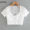 Mode Openwork Crochet Lace T Shirt Kvinnor Deep V Neck Kortärmad Sommar Sexiga Toppar Beskära Top CCWM9825 210514