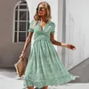 Kadın Şifon Uzun Elbise Çiçek Baskılı Kısa Kollu A-Line Maxi Vestidos Yaz Zarif Vintage V Boyun Fırfır Plaj Elbiseler 210526