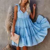Ruffle A-line Casual Sleeveless Blue Summer Dress for Women Button Lace Up Strap Midi Sundress Yellow Beach 210427