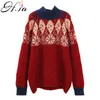 H.SA Women Retro Vintage Oneck Snowflake Loose Sweater and Jumpers Half Turtleneck Casual Pull Sweaters Knitwear Red Tops 210417