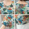 女性のシャツのシフォンプリントブラウス夏の女性花サテンS女性のトップの半袖OネックBasic 210604