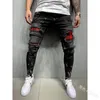 Jeans Masculino Justo Rasgado com Patch Pintado Calça Beggar Calça Jumbo Lápis Queda de Quadril E676