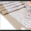 Tkaniny tekstylne Dom Garden Drop dostawa 2021 Vintage Table Runner Natural Hessian Burlap z białą koronką na rustykalny festiwal ślubny część