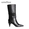 SOPHITINA Women's Boots Mid-calf Strange Heels Pointed Toe Sexy Pleated Genuine Leather Dress Party Winter Women's Shoes PO773 210513