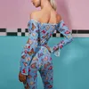 Style Mesh Sexy Transparent Women Butterfly Printed Two Piece Sets One Shoulder Flared Sleeves Bodysuit And Full Pants 210517