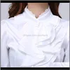 Bayan Bluz Gömlek Kadın Moda Bluzlar Pembe Casual Gömlek Zarif Ruffled Yaka Beyaz Ofis Kadın Giyim Bahar Tops Artı Boyutu IGMFG