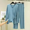 Autumn Ladies Pajamas Set Comfort Solid Color Women Sexy V-Neck Homewear 2PCS Long Sleeve+Pants Casual Home Wear Q0706