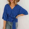 Yaz Zarif Gömlek Tops Moda Retro V Yaka Çiçek Baskı Gömlek Polka Dot Üst Gömlek Kemer Bayan Üstleri ve Bluzlar Ile 210514