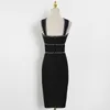 Black Patchwork Diamonds Dress For Women V Neck Sleeveless High Waist Solid Knee Length Dresses Female Summer Style 210520