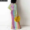 African Dresses for Women Long Sleeve Mesh See Through Rainbow Striped Casual Club Party Night Bodycon Dress 210515