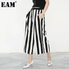 [EAM] Высокая эластичная талия черные полосатые длинные широкие ноги брюки свободные подходящие брюки женские мода весна осень JH36301 210512