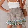 Bohemian Floral Print Mini Jirt Femme Summer Bage Holidays Short High Ruffle Ruffle Elastic A-Line Jirts Plus Taille 210415
