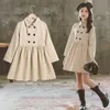 Buttons Pleated Dress for Kids Girl Students School Clothing Long Sleeve Khaki Dress size 6 8 10 12 years Q0716