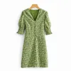 Vintage Boho Dress Button Retro Puff Sleeve Green Beach Holiday Sommar Kort V Neck Blommig A-Line Print 210427