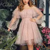 Letnie kobiety krótkie impreza z długim rękawem Polka Dot Zobacz przez Wzburzyć Sexy Tunika Tulle Mini Sukienka Plus Size 3XL 210415