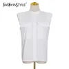 Dorywczo Koszula na ramię Koszula dla Kobiet Lapel Collar Bez Rękawów Eleganckie Koszule Kobiet Letnia Moda Odzież 210520